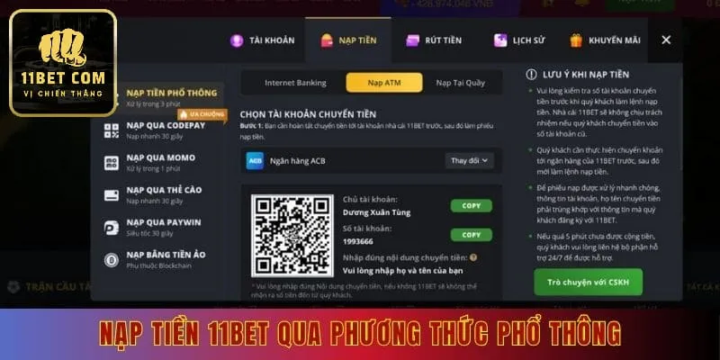 Nạp tiền 11bet qua phương thức phổ thông